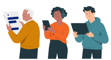 Three people using health information in different formats: an older person reading a paper document, a person checking a phone, and a person reading a tablet. Three people using health information in different formats: an older person reading a paper document, a person checking a phone, and a person reading a tablet.