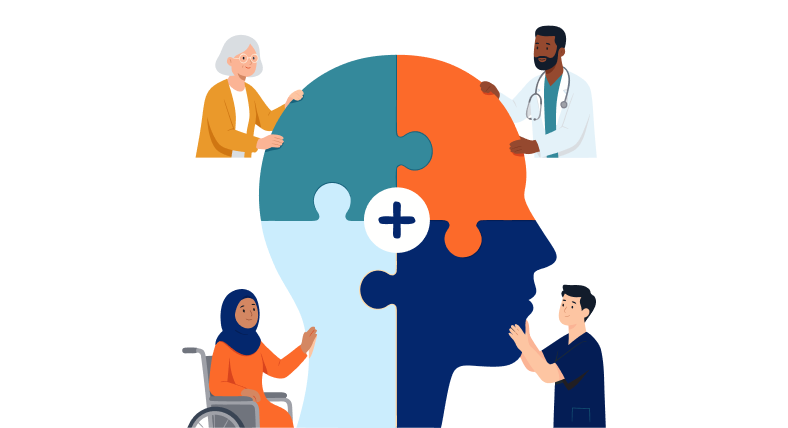 llustration of a head made of puzzle pieces, with diverse people (including a wheelchair user and a doctor) assembling it, representing health literacy and inclusion.” llustration of a head made of puzzle pieces, with diverse people (including a wheelchair user and a doctor) assembling it, representing health literacy and inclusion.”